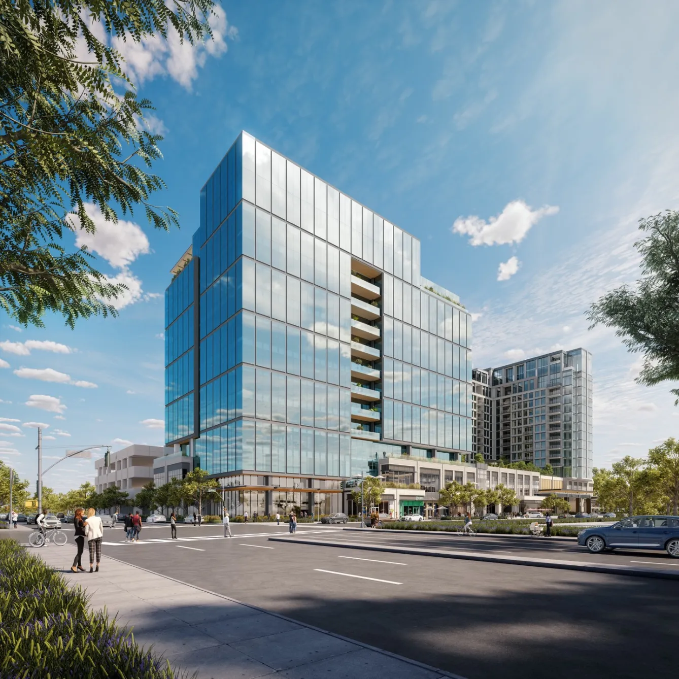 Modern glass tower with open balconies and pedestrians walking along wide boulevard in urban district