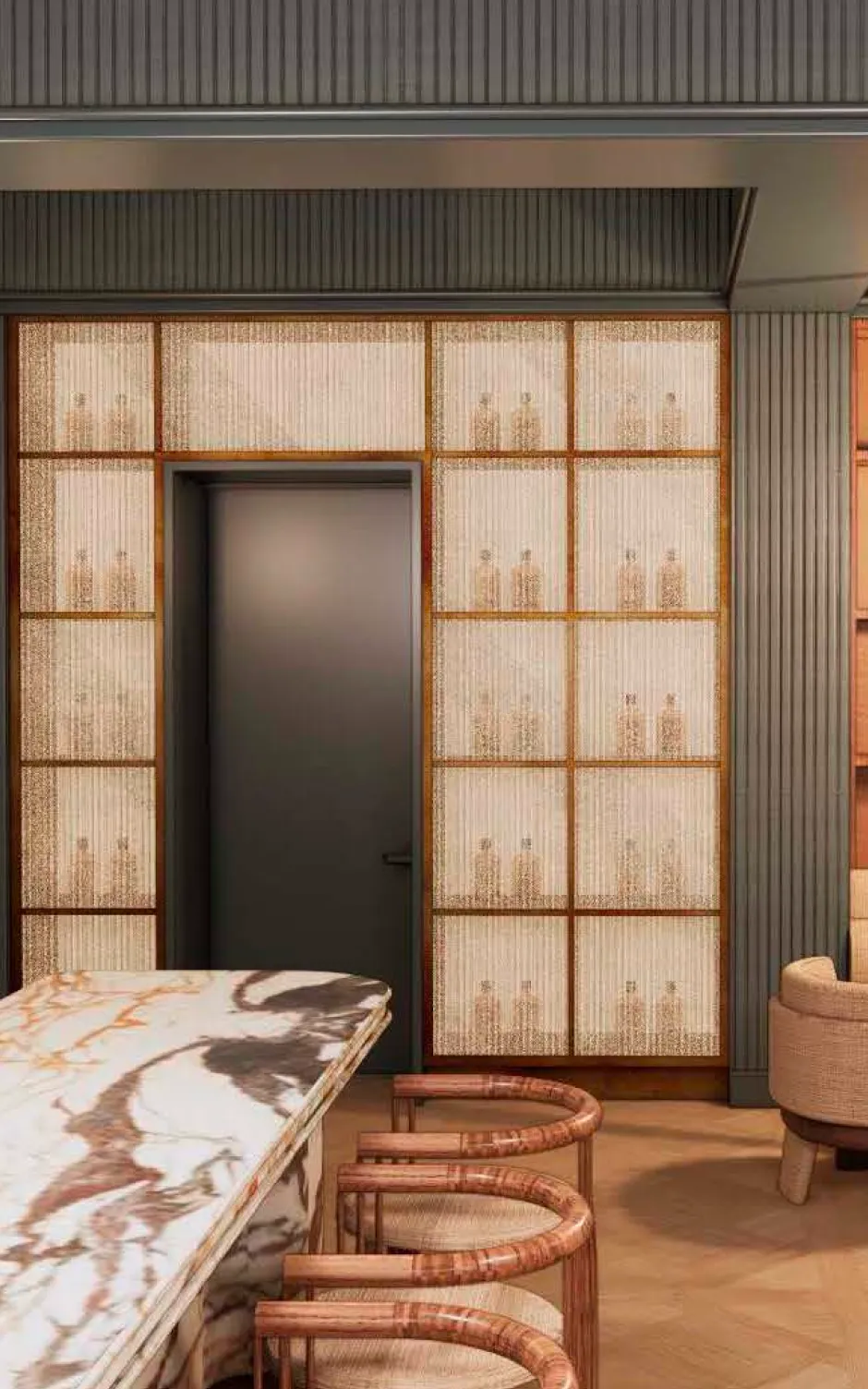 Elegant lounge area with rich materials, recessed doorway, and detailed woven-panel liquor wall display