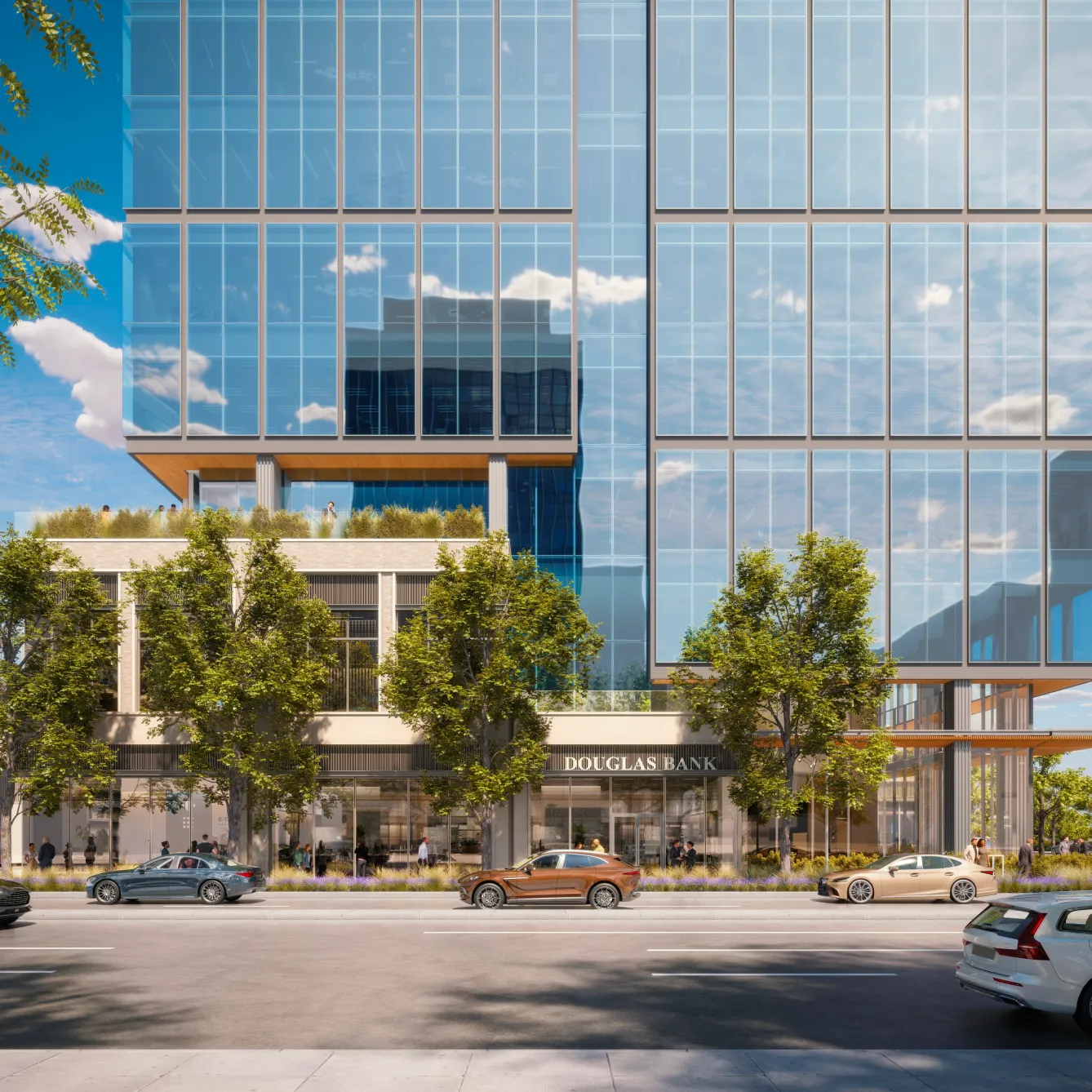 Contemporary urban tower with mirrored windows and elevated terrace above busy downtown street