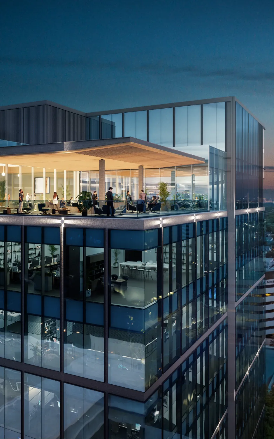 Contemporary high-rise office penthouse with wooden ceiling and panoramic evening city views