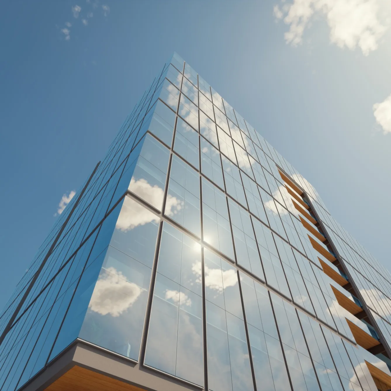 Modern glass skyscraper reflecting clouds and sun in its grid-style facade against blue sky
