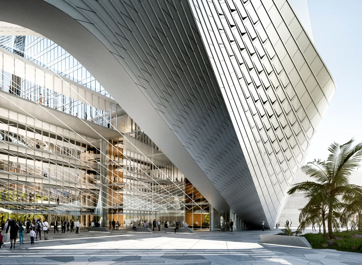 Curved futuristic building exterior with geometric glass facade and people walking through open plaza