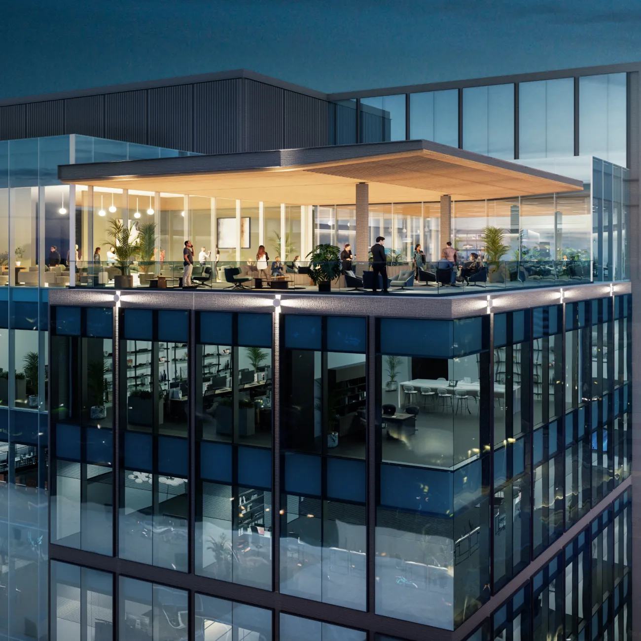 High-rise building rooftop terrace with people socializing under a sleek illuminated overhang