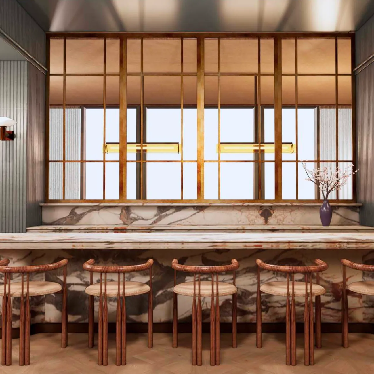 Sophisticated restaurant bar design featuring veined marble counters and warm minimalist wooden chairs